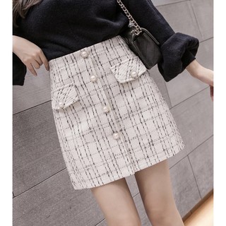 [SẴN-ẢNH THẬT] Chân váy dạ tweed nút ngọc tròn