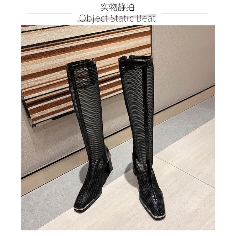 Boots lưới mũi nhọn ulzzang cổ cao gót vuông cao 8cm