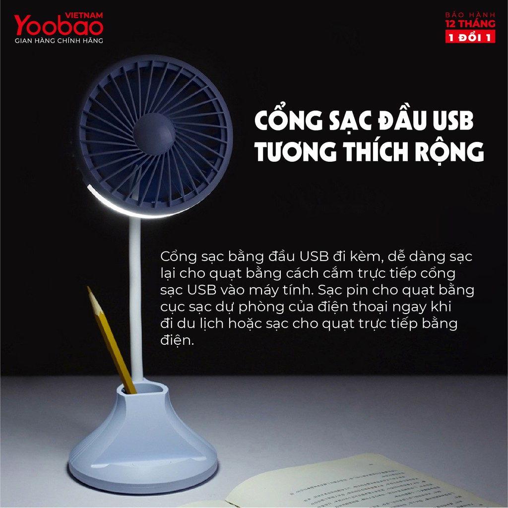 Quạt tích điện YOOBAO D8 2000mAh Tích hợp đèn bàn học Kèm khay đỡ điện thoại Hàng chính hãng Bảo hành 12 tháng 1 đổi 1 | BigBuy360 - bigbuy360.vn
