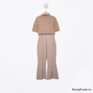 Áo len thun nâu cổ cao 3p tay cộc basic