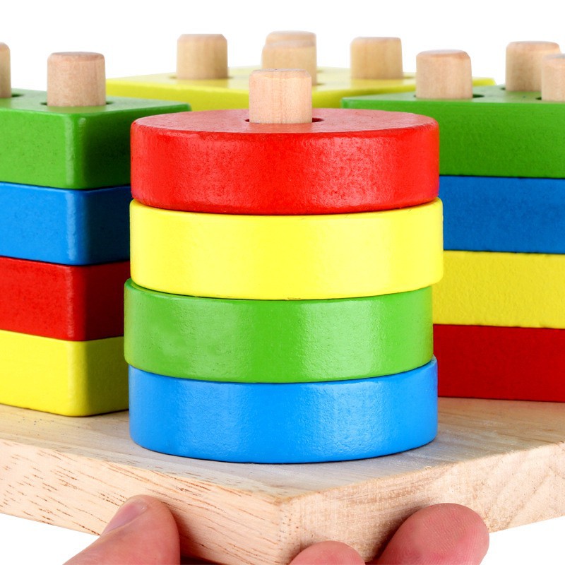 Đồ chơi bộ thả hình khối 4 trụ vào thanh gỗ - Bộ xếp hình montessori thả khối 4 cọc trụ bằng gỗ nhiều màu sắc cho bé