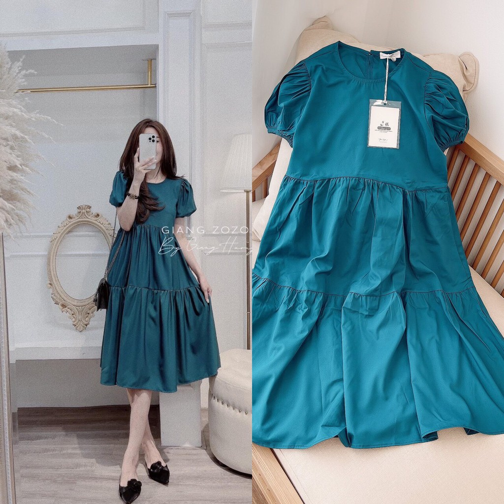 Váy babydoll, Váy xuông đầm tiểu thư phom rộng nhún tầng điệu đà, váy thiết kế đủ size, hàng đẹp màu xanh đẹp mắt