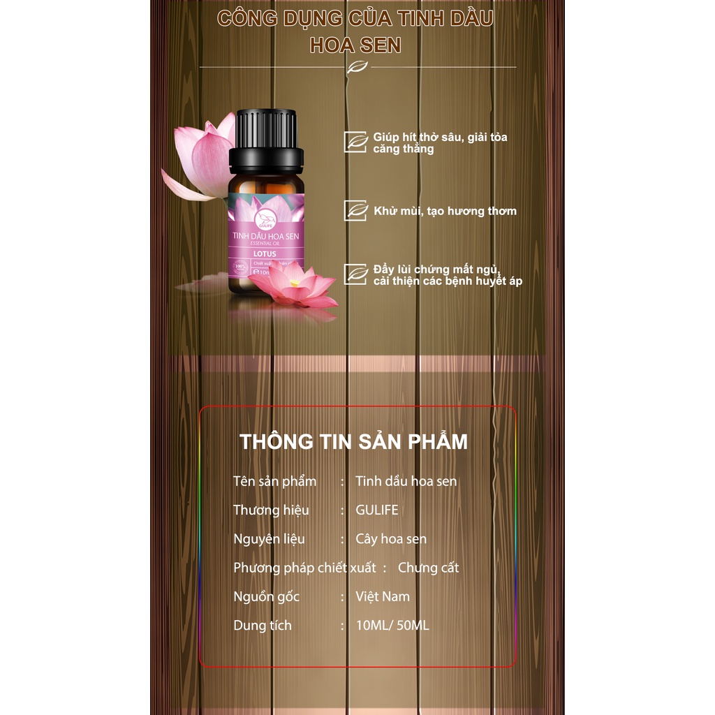 Tinh dầu thiên nhiên Hoa sen nguyên chất Gulife Essential Oil, xông phòng làm thơm và thư giãn, kiểm định COA 10-50ml