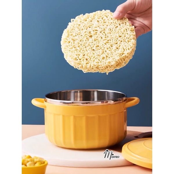 KÍCH THƯỚC LỚN-Bát úp mì/ Bát ăn mì tôm inox 2 lớp cách nhiệt hình chiếc nồi có nắp đậy