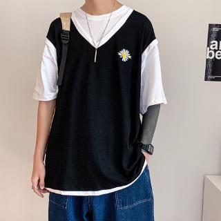 Korean Style Men's Oversize Fake Two Pieces Half Sleeve T-Shirts In Plain Black Blue Orange