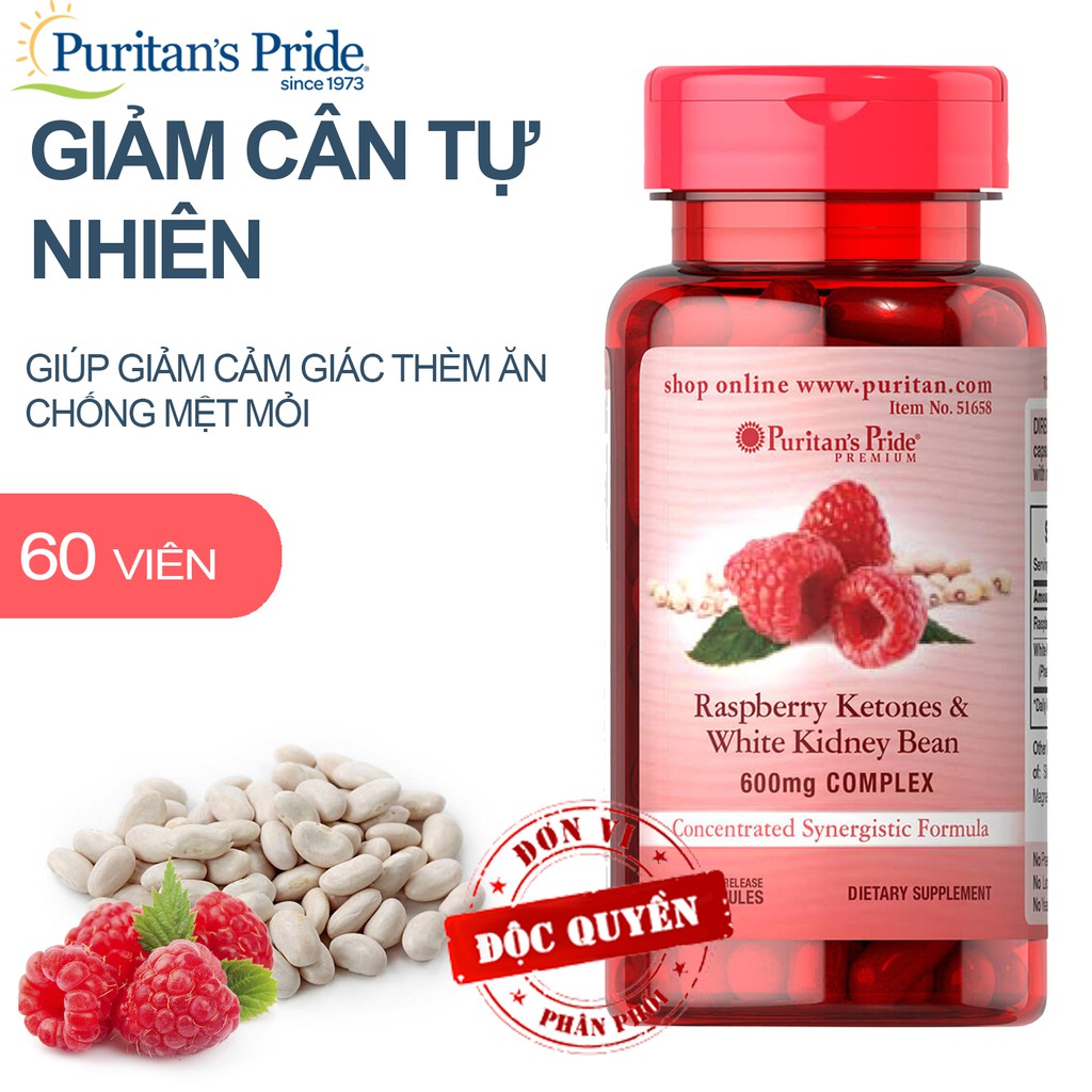 Viên uống giảm cân Puritan's Pride Raspberry Ketones & White Kidney Bean 600mg Complex 60 viên