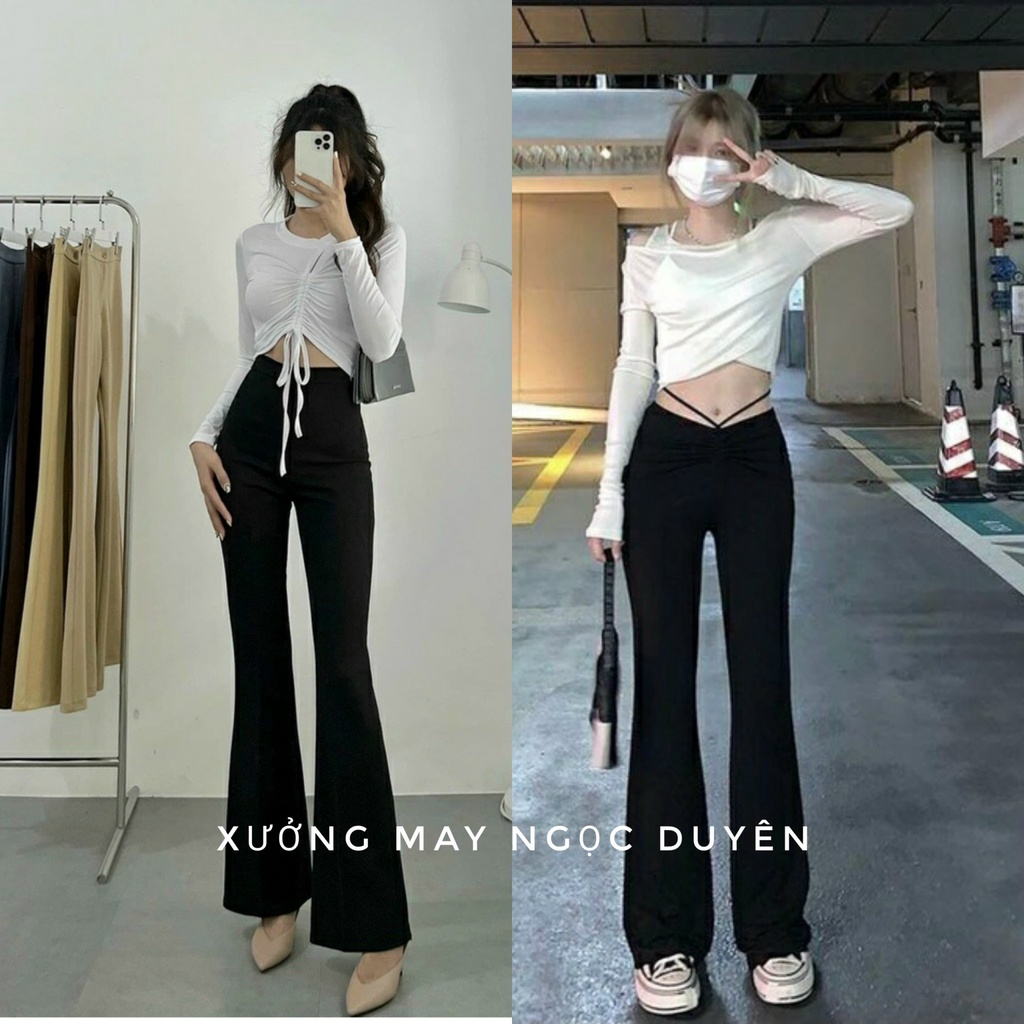 Quần ống loe cạp cao nữ dài bigsize có dây eo đen quần legging nữ ống loe ôm lưng chun thun vải co giãn học sinh công sở