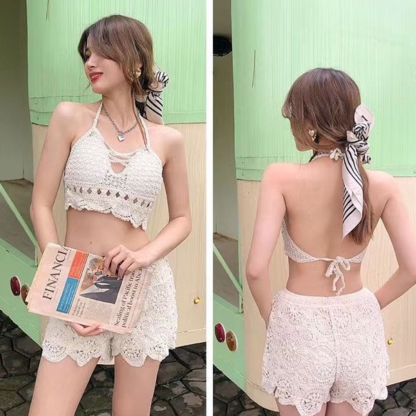 Áo dệt bikini đi biển hót đồ bơi nữ váy bơi nữ bikini đi biển kín đáo