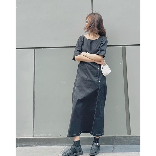 Váy dài kaki tay ngắn túi trước, Váy đi chơi, Váy đi làm
