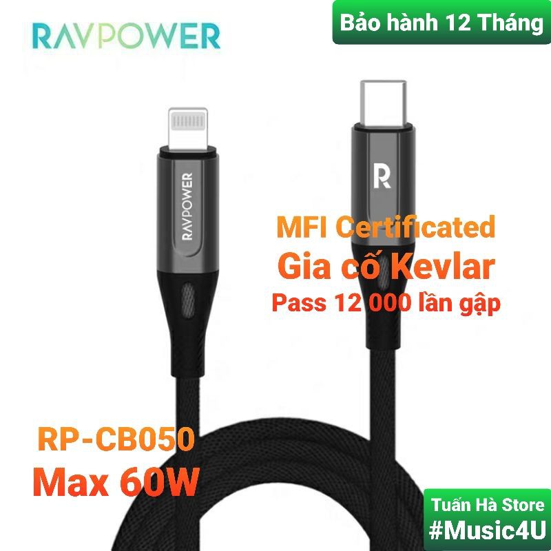 Dây cáp sạc nhanh RAVPower Type C ra to Lightning RP-CB050 siêu bền cho Iphone 11 12 13 Pro Max Tuấn Hà Store