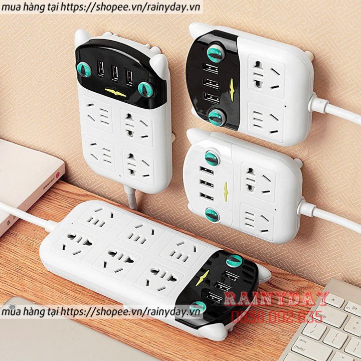 Ổ cắm điện đa năng hình mèo có 3 cổng USB và 4 chân cắm ổ điện chống giật thông minh dây dài