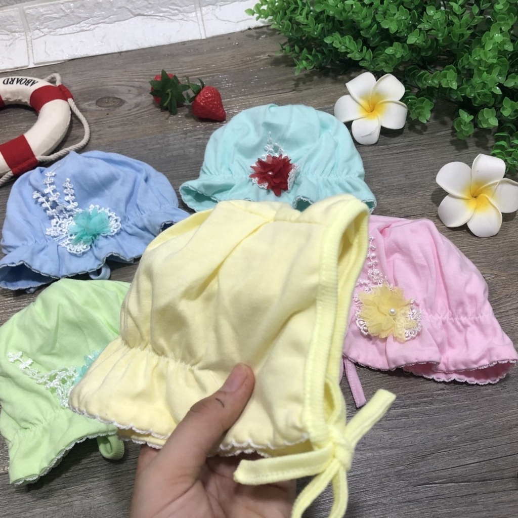 Mũ Sơ Sinh Hoa Buộc Dây Cotton Siêu Đẹp cho bé