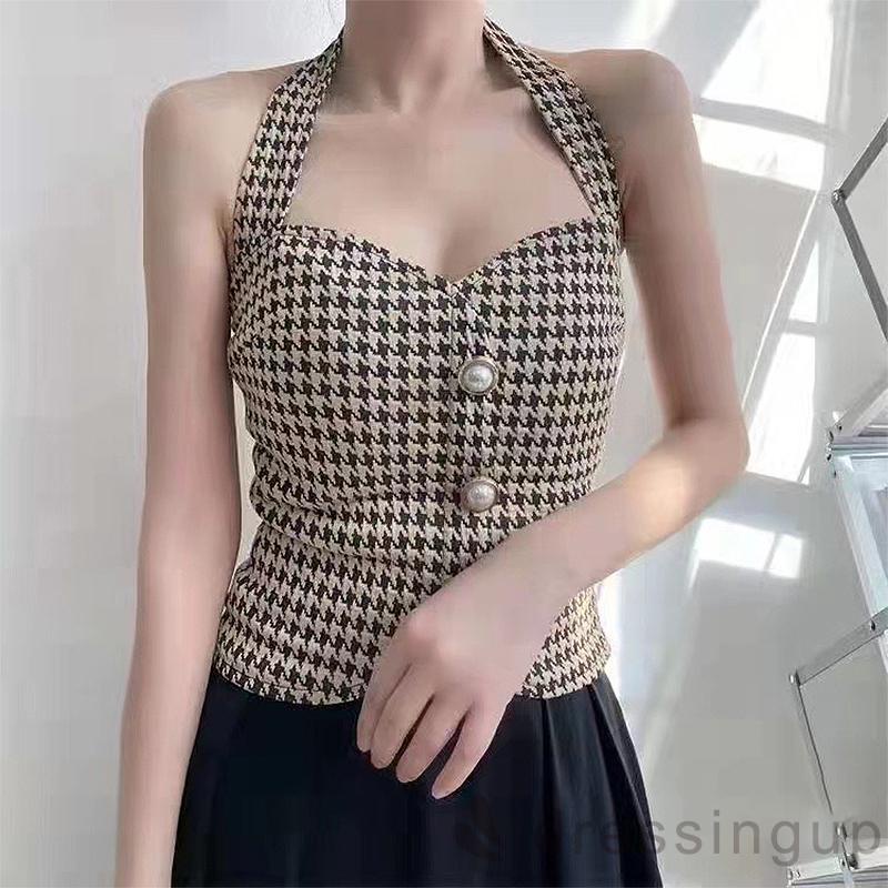 Áo không tay cổ chữ V cài nút Houndstooth dành cho nữ | BigBuy360 - bigbuy360.vn