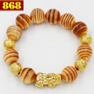 Vòng tay gỗ huyết rồng 15 ly cẩn tỳ hưu bi vàng A525 hộp gỗ