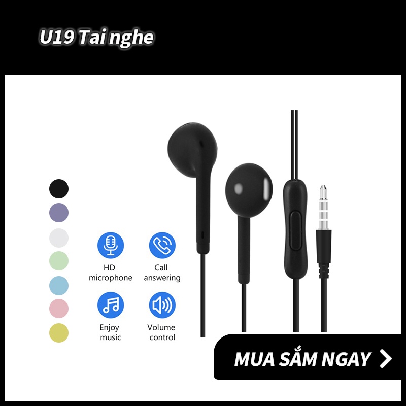 Tai nghe nhét tai có dây U19 giắc cắm 3.5mm tích hợp micro chất lượng cao dành cho Android & iOS không hộp