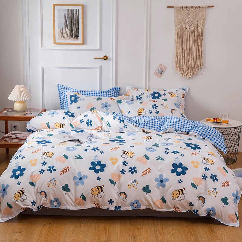 Bộ chăn ga gối,Cotton poly mẫu HOA ONG XANH. đủ size miễn phí bo chun Emmibedding