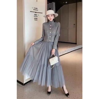 S1017 Set áo dạ tweed và chân váy lưới tầng