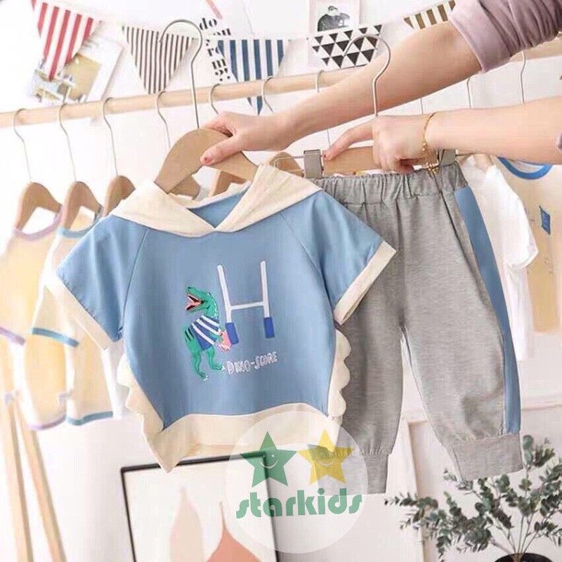 Quần áo trẻ em [100% thun cotton] Bộ thun thêu khủng long có nón cho bé trai & gái từ 8-38kg