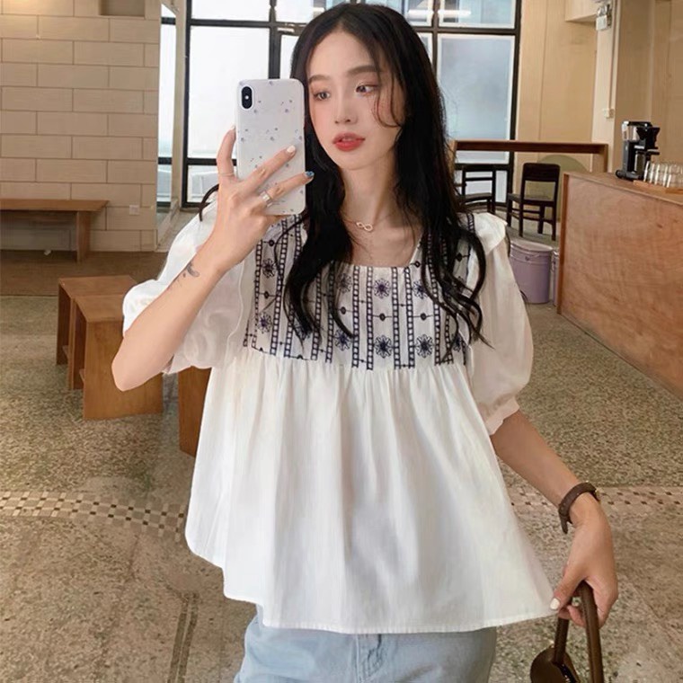 áo babydoll tiểu thư thêu hoạ tiết kaca NH000101