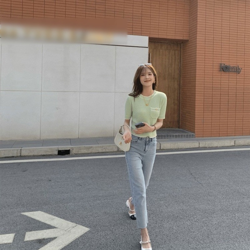 Áo Croptop Dệt Kim Mỏng Tay Ngắn Cổ Tròn Dáng Rộng Màu Trơn Phối Túi Họa Tiết Kẻ Sọc Màu Sắc Ngọt Ngào Thời Trang Cho Nữ