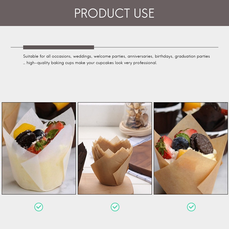 Set 200 Đế Lót Bánh Cupcake / Muffin / Cupcake Hình Hoa Tulip Màu Sắc Trắng / Nâu Tự Nhiên