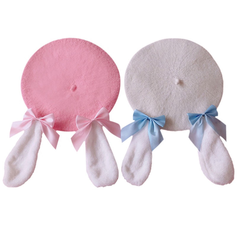 Mũ Nồi Bằng Len Đính Nơ Tai Thỏ Phong Cách Lolita Cổ Điển Giữ Ấm Mùa Đông Cho Nữ