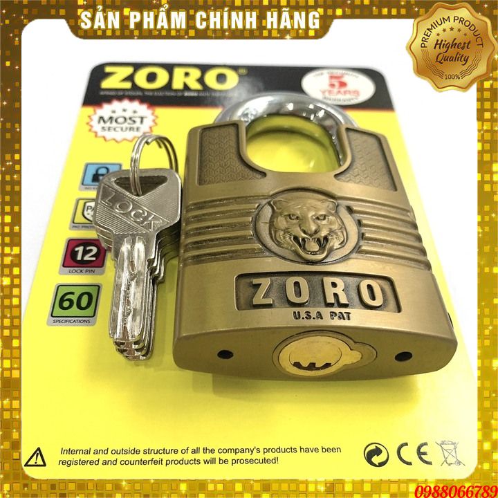 Khóa cao cấp ZORO 6 phân,đầu cọp,chìa muỗng⚡FREE SHIP⚡Công nghệ Mỹ:chống cưa-chống cắt-chống đục-chống cháy-chống nước