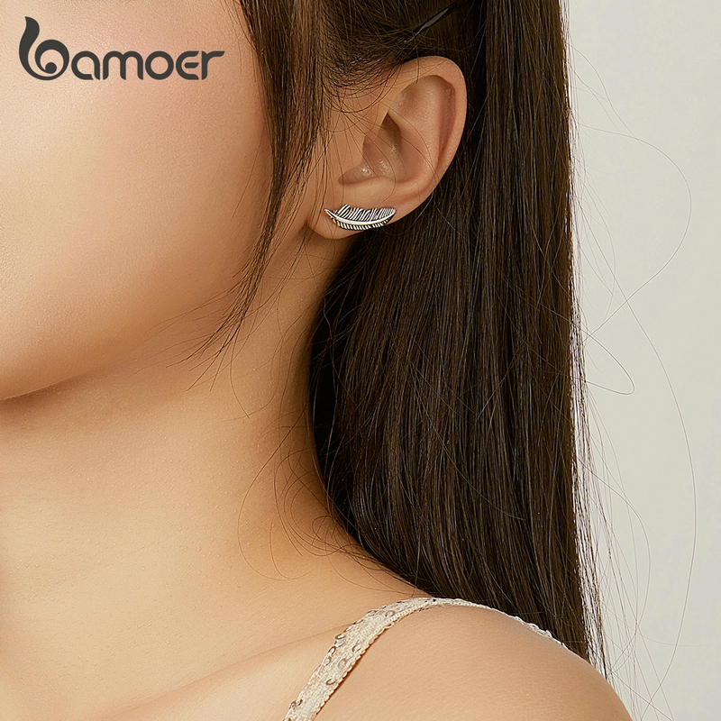 Đôi Bông Tai Bamoer SCE865 Kiểu Dáng Lông Vũ Phong Cách Cổ Điển Thời Trang