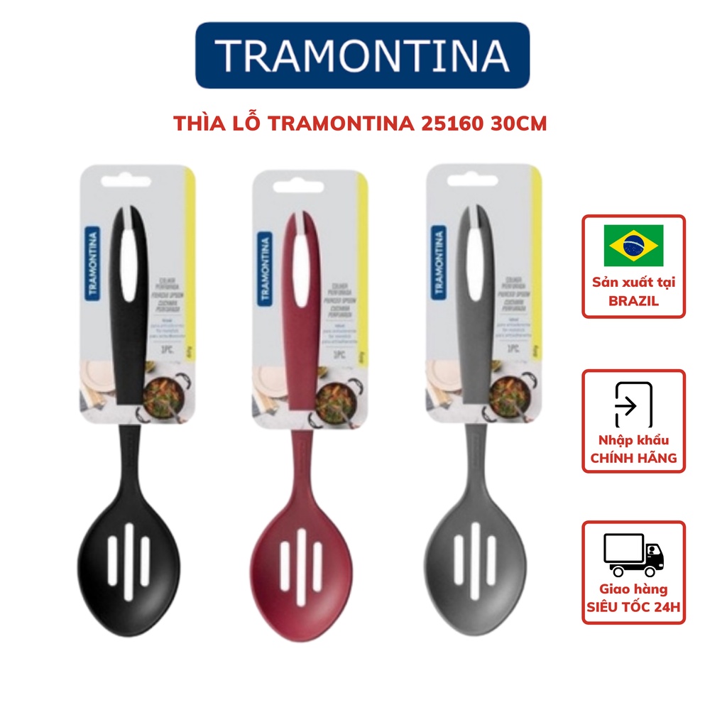 Thìa lỗ Tramontina 25161 ba rãnh chất liệu nhựa PA cao cấp ba màu 30cm nhập khẩu chính hãng từ Brazil có bảo hành