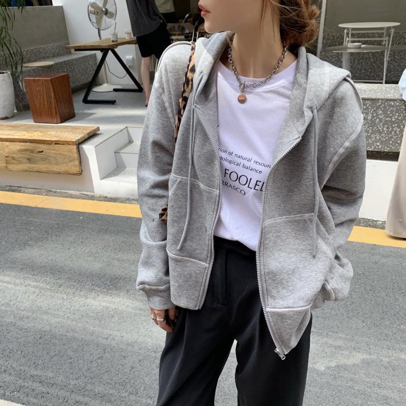 Áo khoác hoodie SUXI dài tay dáng rộng phối khóa kéo thời trang mùa thu Hàn Quốc giản dị dành cho nữ