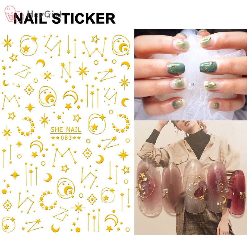 Tờ sticker dán trang trí móng tay hình ngôi sao/mặt trăng màu vàng