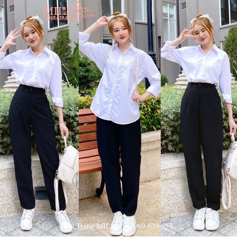 Sơ mi nữ trơn cổ bẻ dài tay đi học form dáng rộng dài Basic màu đen trắng | BigBuy360 - bigbuy360.vn