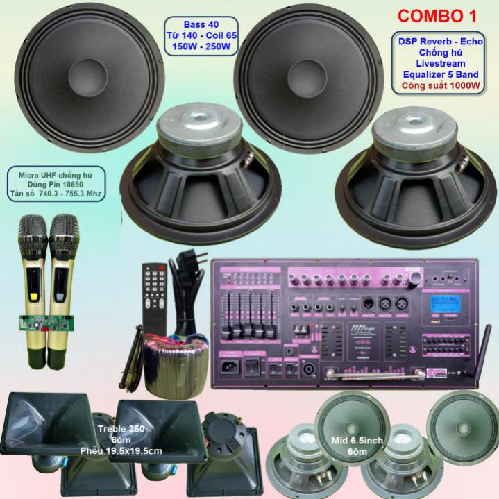 Mạch loa kéo 4 Bass 4 tấc 1000W DSP Reverb Echo có chống hú Livestream - Equalizer 5 Band kèm 2 tay mic