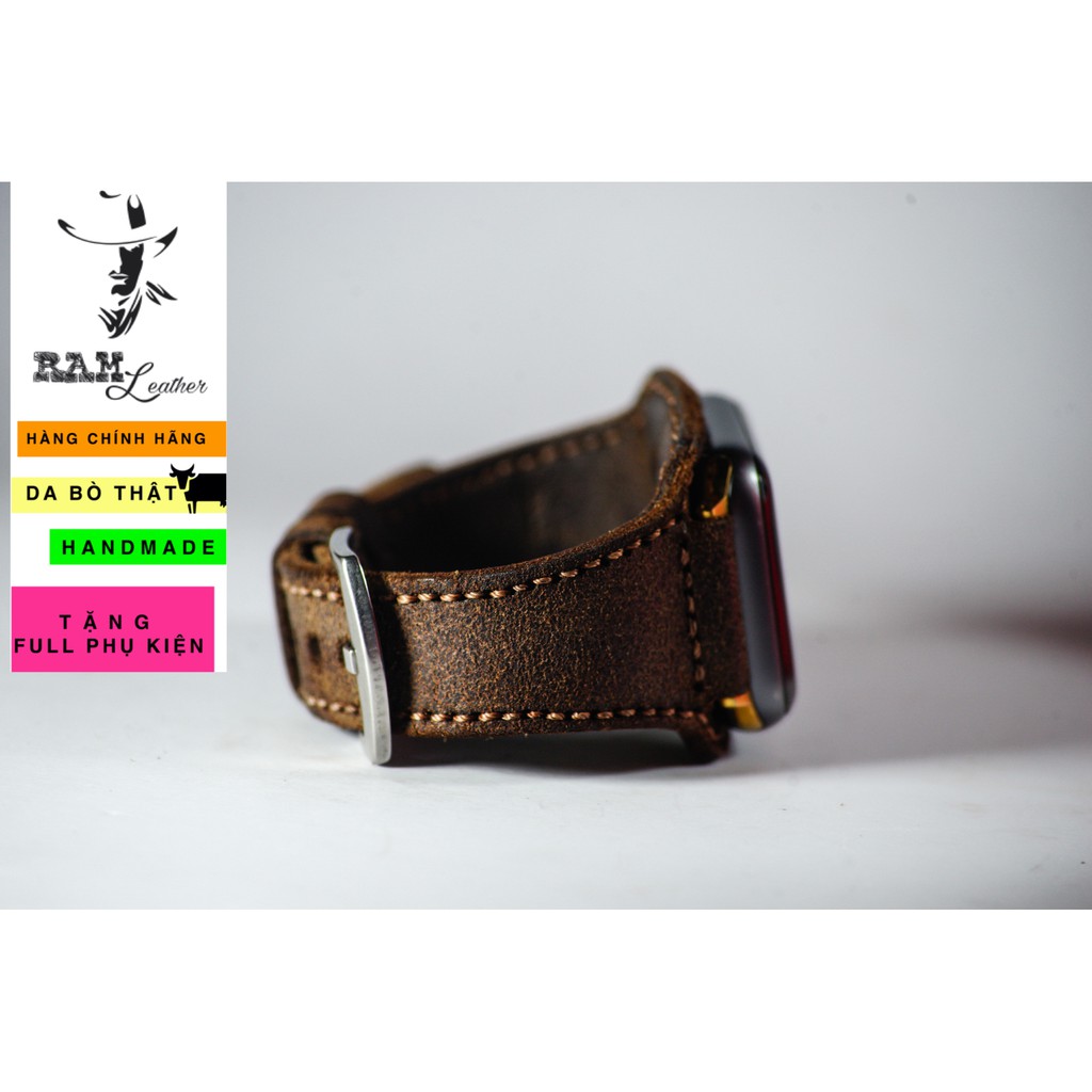 Dây apple watch da bò handmade bền chắc cực đẹp RAM Leather bx mài nhám - tặng khóa chốt và adapter