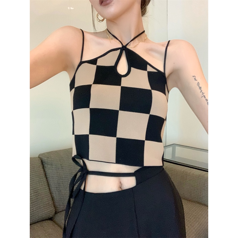 Áo croptop nữ kẻ sọc caro 2 dây luồn dây tròn cột cổ sexy | BigBuy360 - bigbuy360.vn