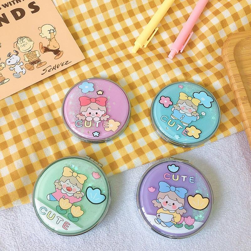 Gương Mini 2 Mặt Cầm Tay Có Kim Tuyến họa tiết dễ thương