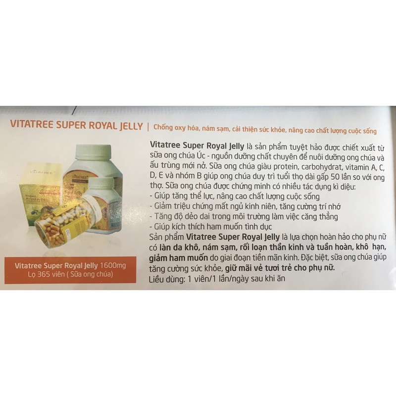 Sữa Ong Chúa VITATREE SUPER ROYAL JELLY   1600mg  - Hộp 100 viên - NHẬP KHẨU ÚC | BigBuy360 - bigbuy360.vn