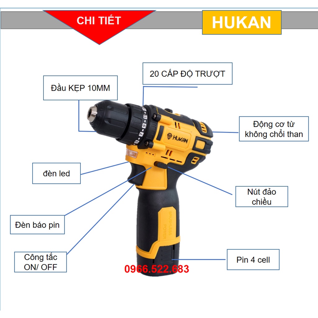 Máy khoan pin | Máy khoan pin Hukan 18V không chổi than