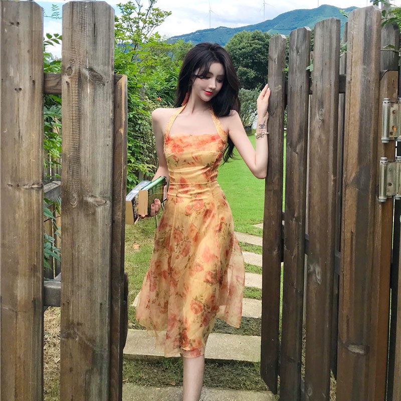 IELGY IELGY Đầm Voan Hai Dây In Hoa Phong Cách Pháp Cổ Điển Thời Trang Cho Nữ