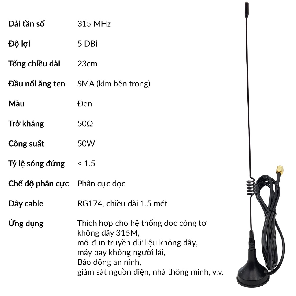 Anten RF 315Mhz 5dBi / 7dBi, anten cốc hút đầu ra SMA