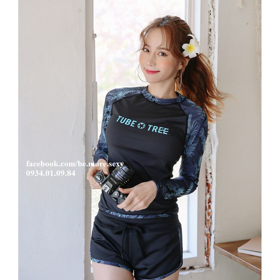 Đồ bơi dài tay Hàn Quốc đen tay hoa