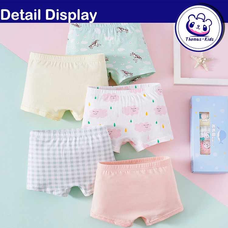 [THOMAS KIDS] Set 5 Quần Lót Boxer Cotton Họa Tiết Kỳ Lân Hoạt Hình Cho Bé Gái 3-12 Tuổi