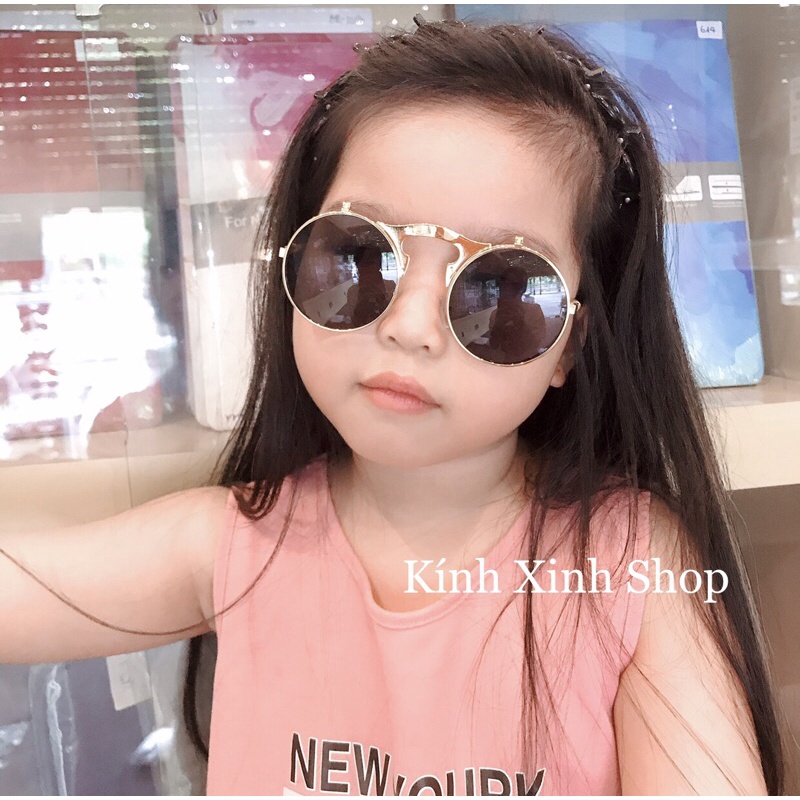 Kính Mát Trẻ Em Mắt Tròn Nhỏ 2 Tròng 2in1 Bật Nắp Kim Loại Đa Năng
