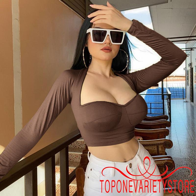 Áo Croptop Nữ Tay Dài Cổ Chữ V Màu Trơn