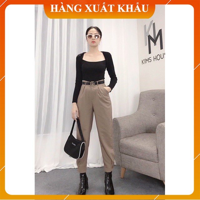 Quần baggy nữ lưng cao cúc bo gấu - Quần baggy nữ thiết kế đẹp vải vitex - 2 màu đen và nâu cực xinh