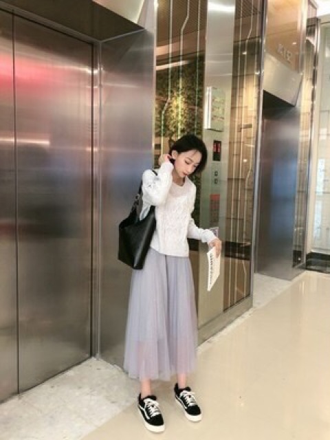 Set áo len + chân váy voan dài