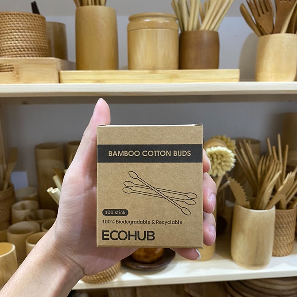 Tăm Bông, trang điểm thân gỗ tre ECOHUB (Hộp 100c) thân thiện Môi trường (Bamboo Cotton Buds) | EH067