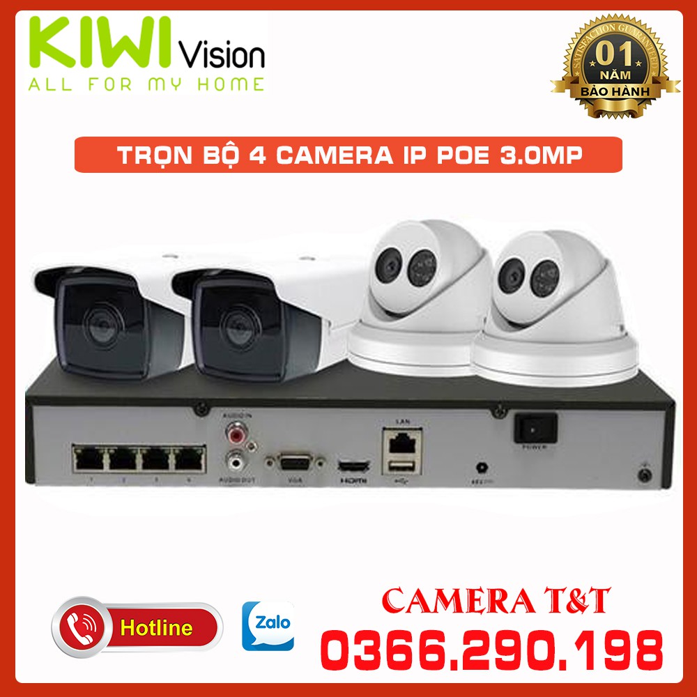 {Giá Hủy Diệt} Trọn bộ 4 Camera IP POE 3MP ghi hình 2K có mic - đầu ghi hình IP công nghệ POE chuẩn nén H265 + HDD 500G