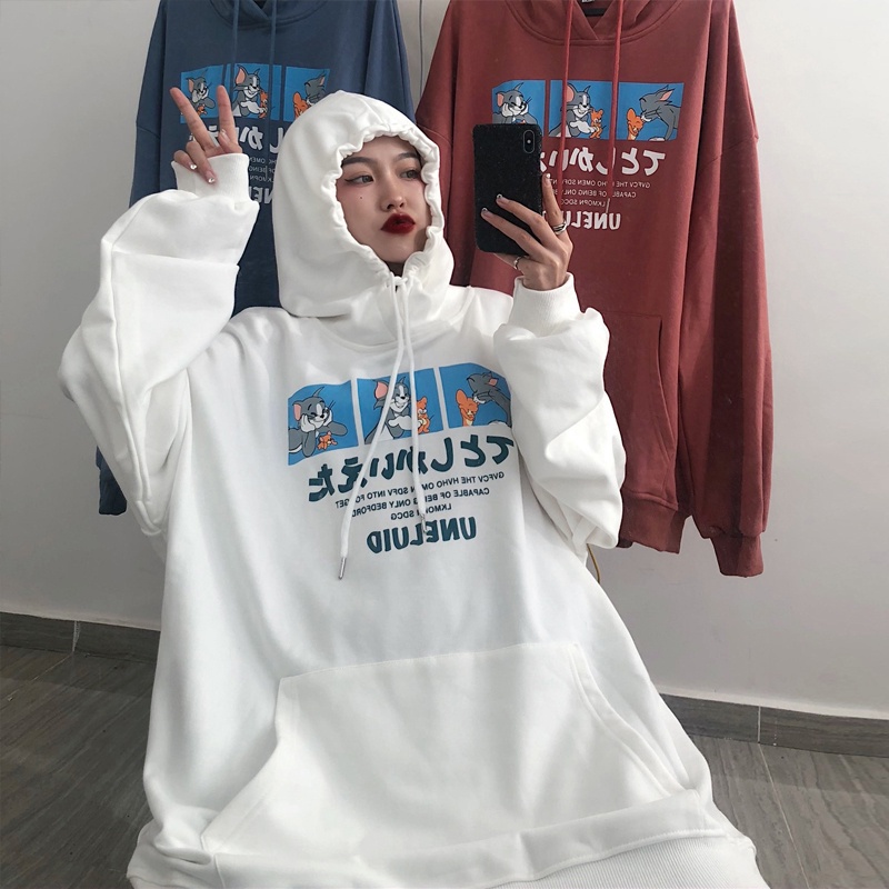 áo hoodie nữ form rộng có mũ thời trang ulzzang hàn quốc, áo hoodie nữ nỉ hình tom và jerry thời trang unisex du lịch | BigBuy360 - bigbuy360.vn