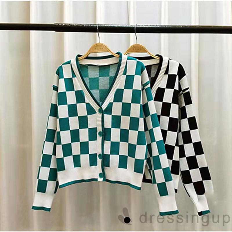 Áo sweater dệt kim tay dài cổ chữ V dáng rộng in họa tiết kẻ ô màu xanh lá/đen cho nữ